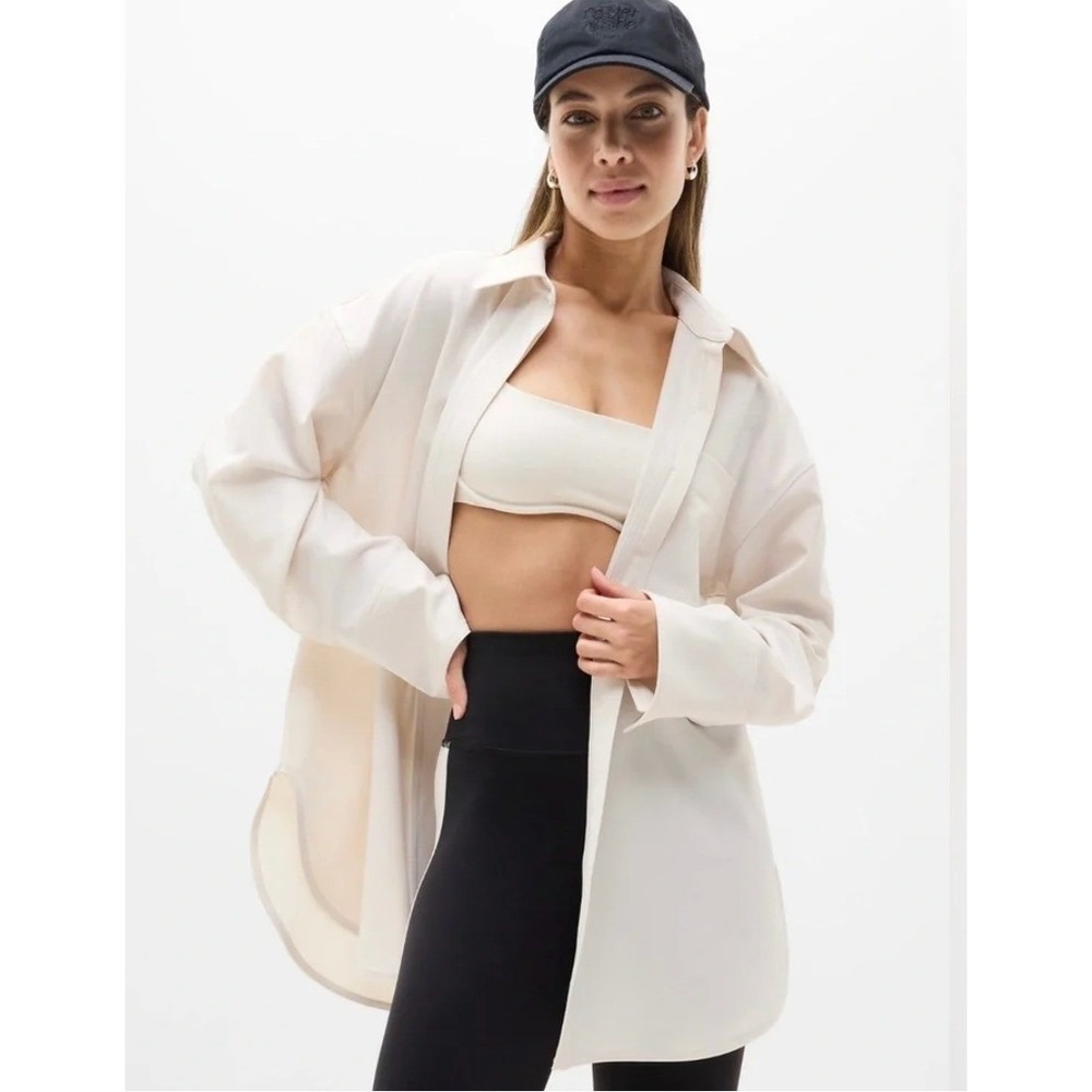 Athleta MVP Button Down Shirt Large 'Bone' Cream‎ Long Sleeve Recycled S/841436